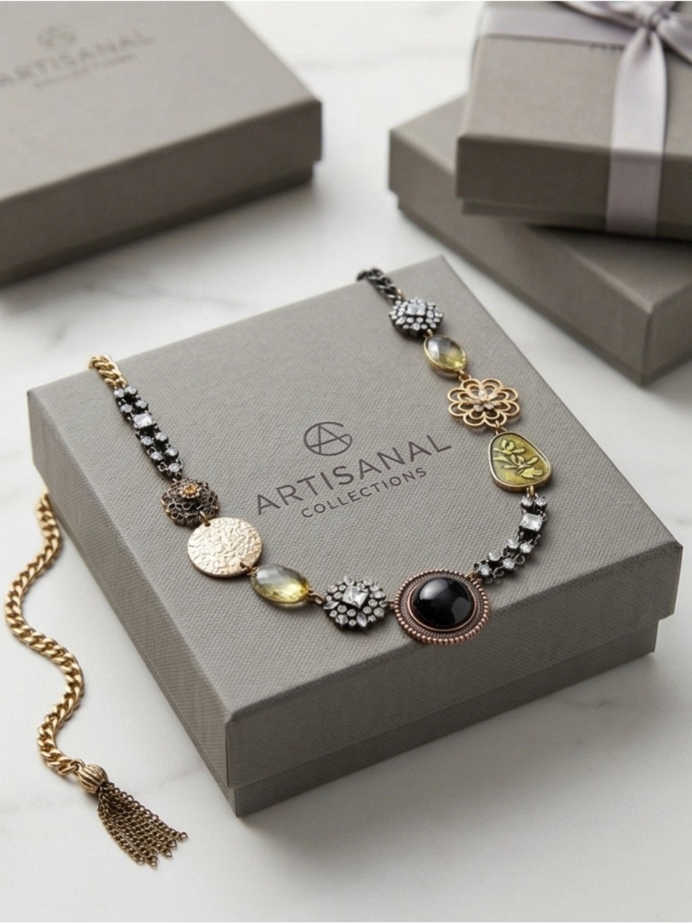 Vintage Y2K Necklace with Swarovski,Black and Gold Accents